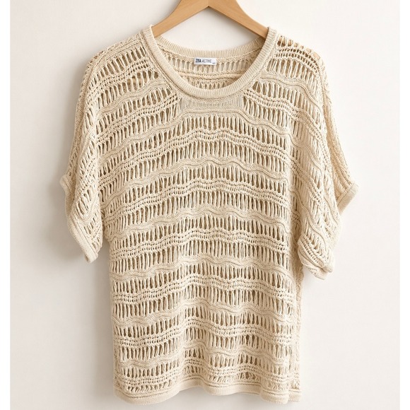 Zyia Active Sweaters - ZYIA Active Hilton Head Sweater‎ Womens S Tan Ivory Knit Short Sleeve Oversized